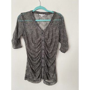 Cabi Women's Sz Medium Shirt Black‎ White Animal Print Sheer 3/4 sleeves Ruched